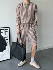 DAZY 男士条纹单排扣长袖衬衫上衣和短裤夏季休闲套装 - 彩色 - 查看 7