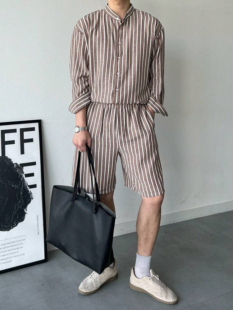 Men's Striped Single-Breasted Long Sleeve Shirt Top And Shorts Summer Casual Outfit