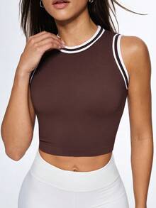 Gameset SHEIN Sport Women's Mocha Dark Brown Seamless Sport Crop,White Stripe Ribbed Trim,Supportive High-Neck,Summer Athleisure,Gym Top,Athletic Workout Sports Crop Top - Brown - View 4