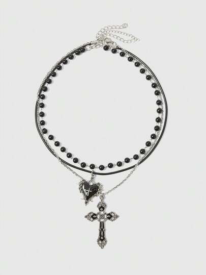 ROMWE Goth 3 Peças Conjunto de Colar Vintage de Estilo Gótico com Pérola Preta, Flor, Coração e Cruz, Conjunto de Joias de Colar Y2K para Mulheres