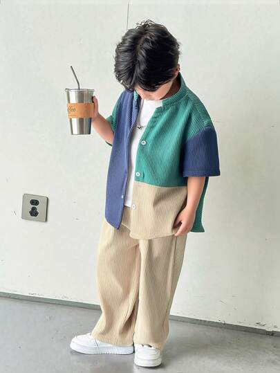 SHEIN 2-Pack Young Boys Boys Casual Sports College Vacation With Textured Fabric Stand-Up Collar Shirt And Trousers Suitable For Kids Outfits Young Boy Clothes Back To School Boys Set Suitable For Birthday Parties, Evening Parties, Performances, Weddings, Baptisms, Opening Ceremonies Daily Suitable For Daily Use Suitable For School Suitable For Travel Suitable For Sports Suitable For Spring And Summer Seasons