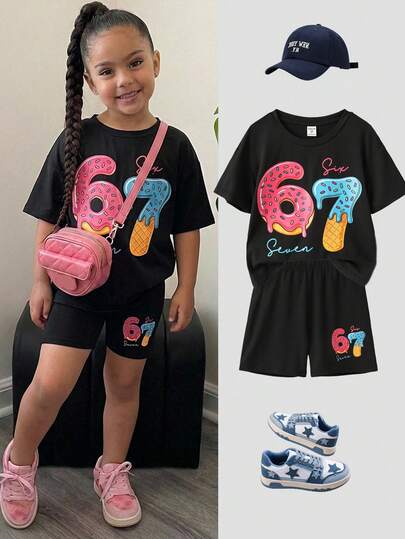 SHEIN 2pcs/Set Young Girls' Six Seven Print Knit Loose T-Shirt + Leggings Set, Casual, Fashionable, Versatile, Suitable For Party, Outing, Photoshoot With Friends, Park, Camping, Vacation, Daily Casual Wear