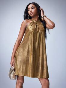 Y2Kool Women's Summer Fashion Street Clubbing Party Metallic Pleated Halter Neck Dress Gold Dress Metallic Dress Bronze Dress - Gold - View 6