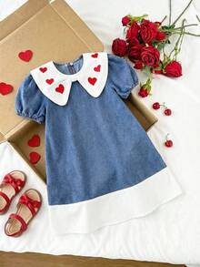 SHEIN Vestito di jeans casual oversize da ragazza con maniche a lanterna, vestito di jeans casual e ampio adatto per uscite, feste, tempo libero e attività all'aperto - Blu lavato medio - Visualizzare 2