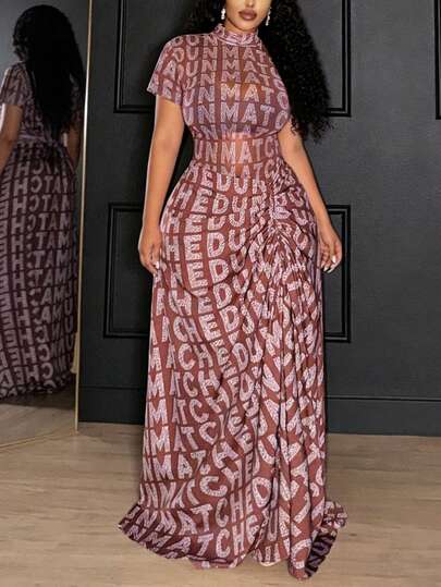 Veslaya 2026 Spring/Summer New Valentine's Day Party Wedding Evening Date Casual Wear Student Daily Wear Basic Versatile Casual Vacation Cruise Travel Beach Sunbathing Viral Elegant Commute Business Casual Short Sleeve Jumpsuit + Long Pleated Skirt, Brown Base With Silver White Letter Print, Brown 2-Piece Set, Casual Set, Elegant Set, Women Plus Size 2-Piece Set