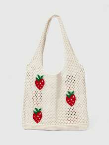 ROMWE Kawaii Sac crocheté léger, décontracté et mignon au motif de fraises de style vacances pour adolescentes et femmes. Détails ajourés, parfait pour les étudiantes universitaires, les sorties, les voyages, l'école. Grande capacité, portable. Convient aux adolescentes, aux femmes, aux employés de bureau, aux écoliers du secondaire et du collège, aux vacances. Porte-monnaie fraise mignon. - Multicolore - Voir 2