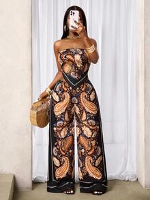 BamGleam Bộ đồ 2 mảnh gồm áo croptop không dây vai in họa tiết paisley hạt điều kiểu Bohemian với vạt áo bất đối xứng và quần ống rộng cạp chun, thích hợp cho kỳ nghỉ, đi biển, mặc hàng ngày, mùa xuân/hè. - Nhiều màu - Xem 1