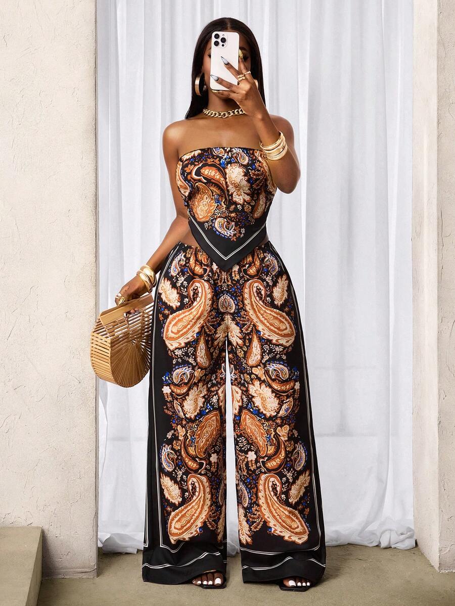 BamGleam Bộ đồ 2 mảnh gồm áo croptop không dây vai in họa tiết paisley hạt điều kiểu Bohemian với vạt áo bất đối xứng và quần ống rộng cạp chun, thích hợp cho kỳ nghỉ, đi biển, mặc hàng ngày, mùa xuân/hè. - Nhiều màu - Xem 1