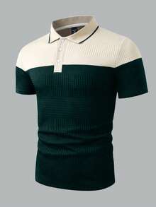 Manfinity Homme 男士休閒日常對比色四分鈕短袖 Polo 衫，夏季，正式，儀式 - 彩色 - 查看 4