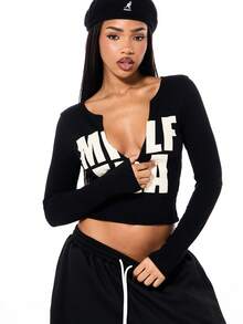 SUMWON WOMEN SUMWON 女装长袖露脐上衣，醒目印花，深V领，秋冬简约街头风 - 黑色 - 查看 6