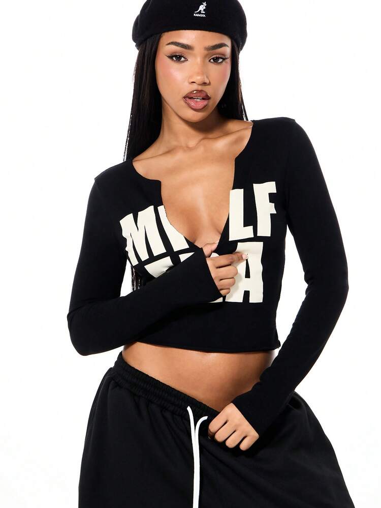 SUMWON WOMEN Long Sleeve Crop Top With Bold Typography Print Deep Scoop Neckline Fall Winter Plain Streetwear