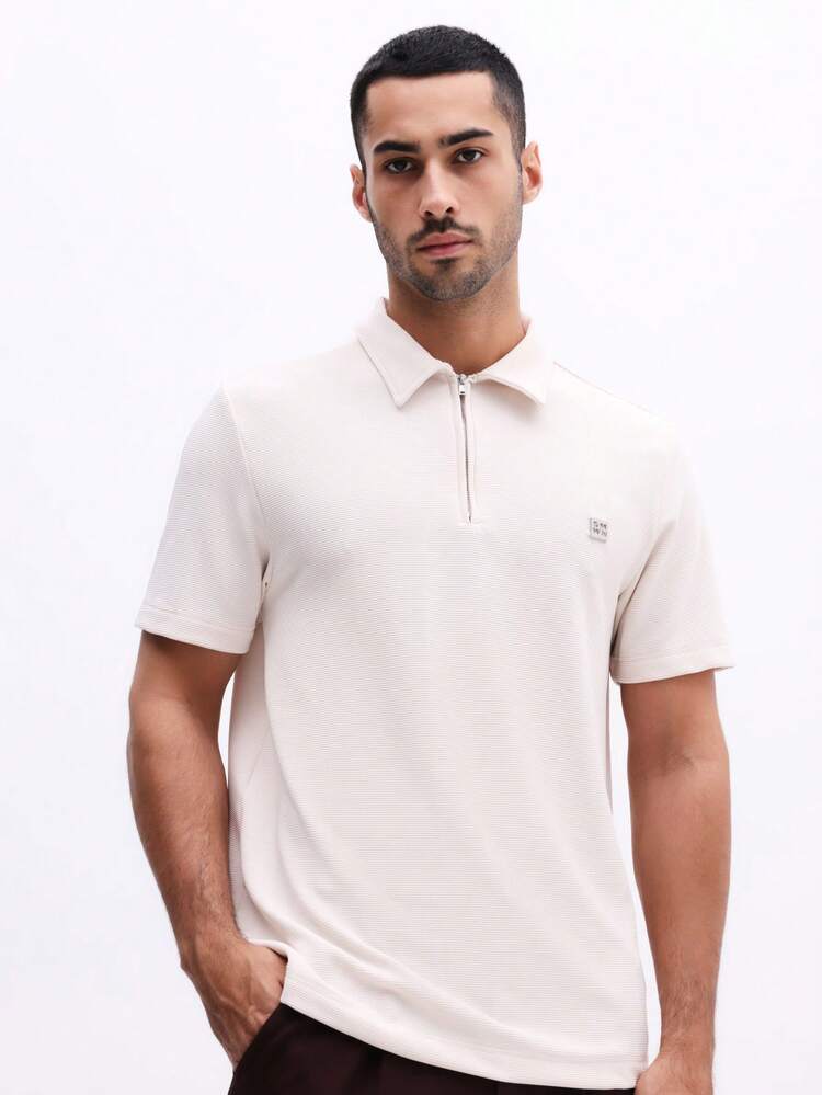 SUMWON Men's Essentials Slim Fit Ribbed Zipper Polo Shirt Short Sleeve Collared Casual Summer Top