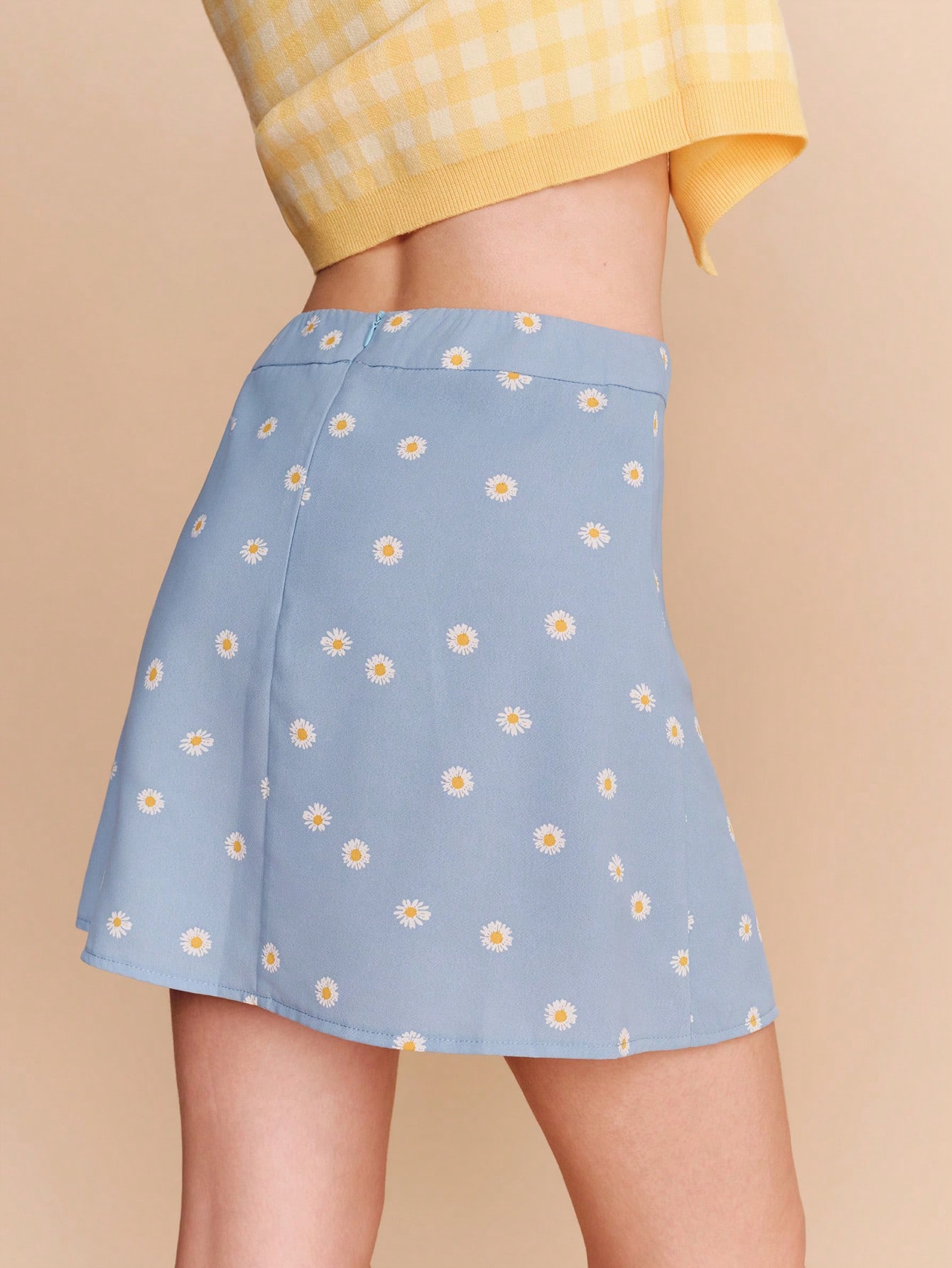 Blue Mini Skirt With Daisy Floral Print Cute Boho Spring Summer Vintage Style Sky Blue Skirt Spring Summer Floral Skirt Vacation Skirt Vacation French Style Parisian Style