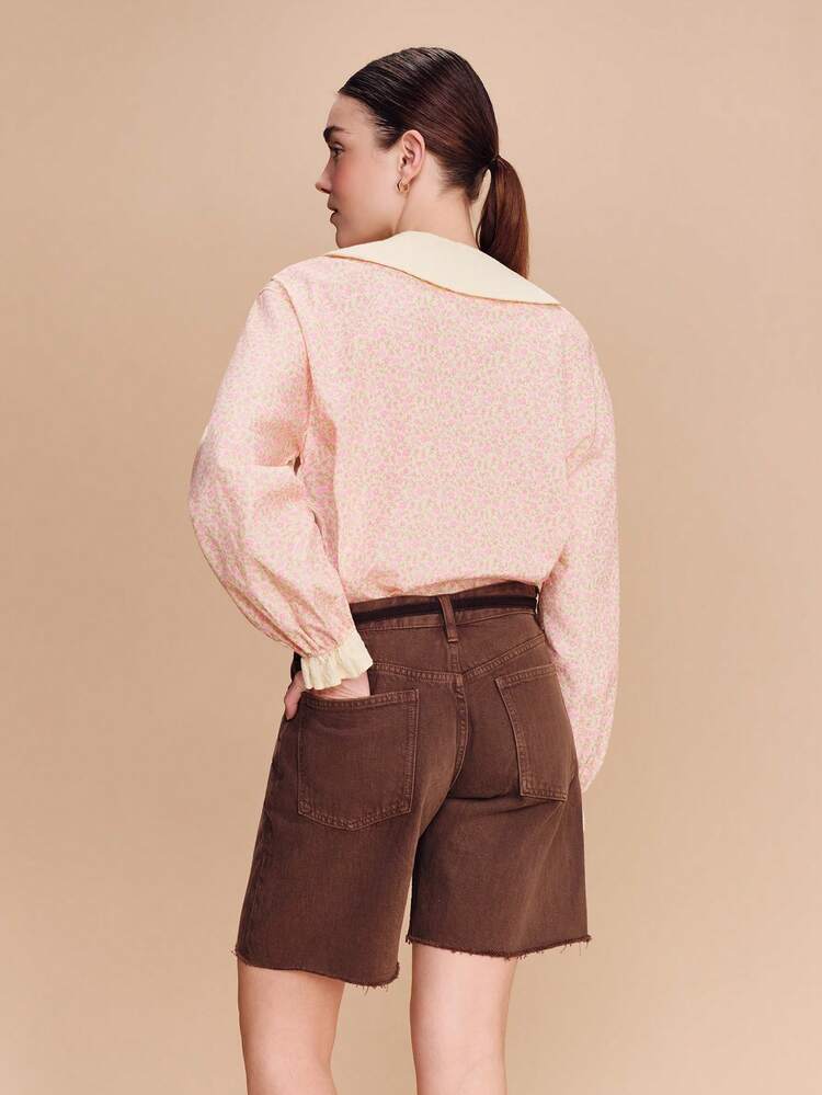 Pale Yellow Floral Shirt With Daisy Trim And Textured Fabric Spring Summer French Style Parisian Style Peter Pan Collar Blouse Collared Shirt Preppy Tops