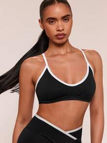 SHEIN BAE Ensemble de soutien-gorge de sport et leggings avec bandes contrastées et dos croisé élastique pour femmes, idéal pour le yoga et l'entraînement - Noir - Voir 4