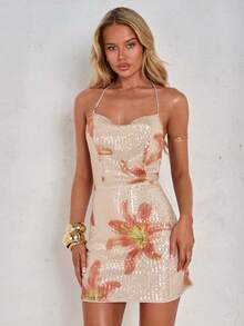 SHEIN Glamour One Shoulder Rhinestone Chain Detail Split Hem Sequin Dress Mini Short Women Outfit - Apricot - View 2