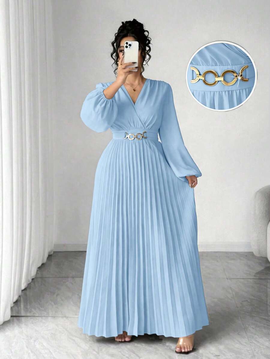 Elenzga 大码女式粉色金属扣装饰褶皱收腰V领连衣裙，适合返校、毕业典礼、情人节、音乐节、母亲节、万圣节、感恩节、复活节、国庆节、舞会、约会派对、婚礼季、户外活动等场合。 - 淺藍色 - 查看 1