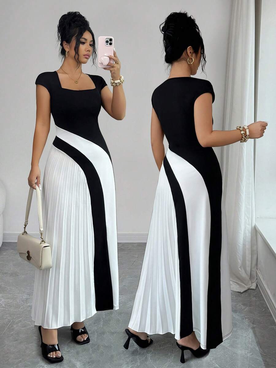 SHEIN Elenzya Elegant Romantic Vacation & Office Wear Square Collar Black & White Contrast Pleated Dress - Black and White - View 1