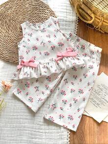 Vintaside Kids 2pcs/Set Baby Girl Casual Cute Bow Sleeveless Top And Pants Set - Red - View 4