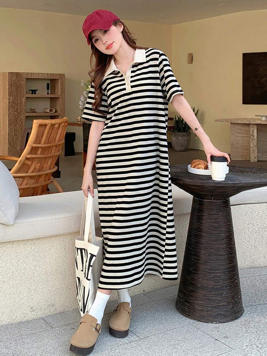 DAZY 少女休闲条纹短袖连衣裙，春夏款 - 黑色 - 查看 1