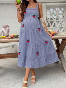 SHEIN 孕妇度假3D樱桃装饰格子吊带裙 - 藏蓝色 - 查看 4