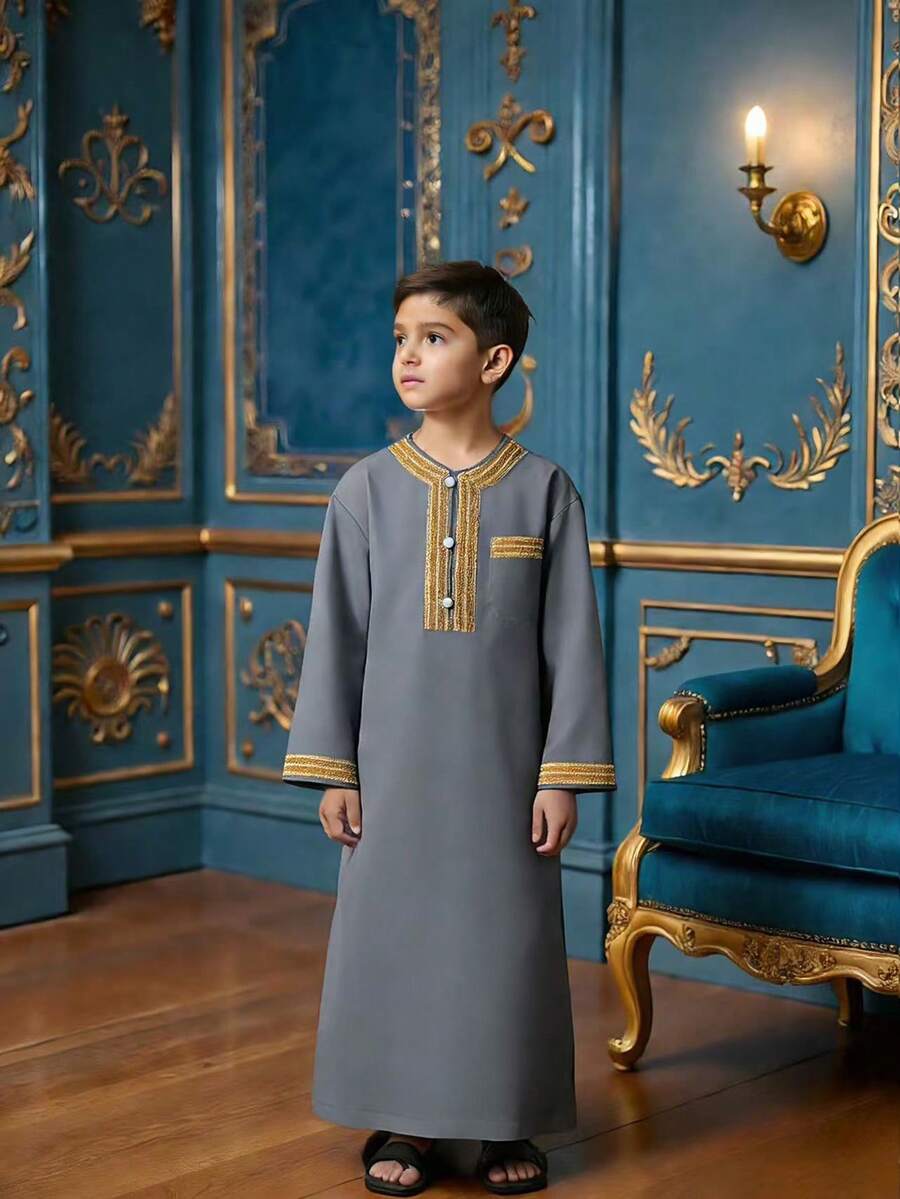 SHEIN Tween Boy Elegant Gold-Trimmed Long Robe Shirt, Spring/Summer - Grey - View 1
