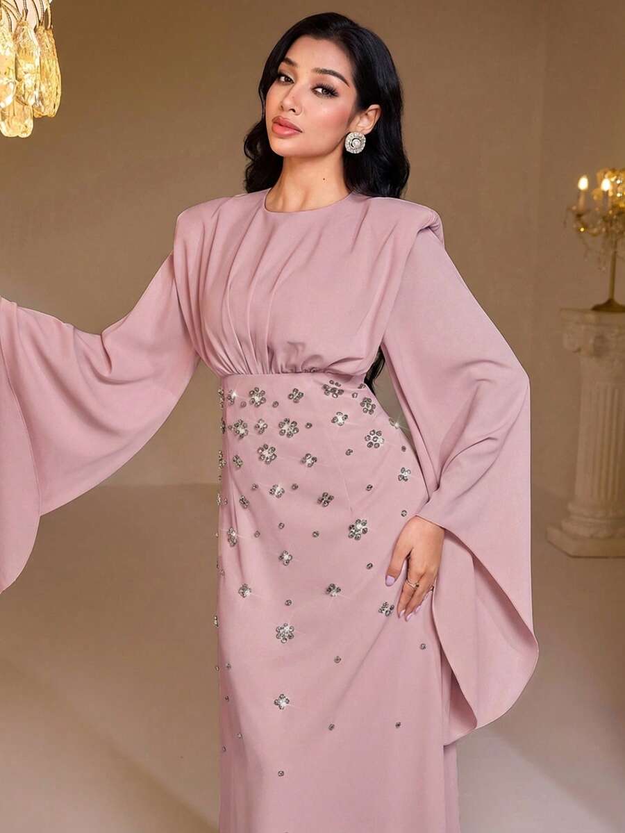 Veilorie 女士长袖水钻装饰阿拉伯风格连衣裙 - 藕粉色 - 查看 1