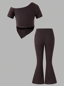 少女春夏度假休闲优雅不对称露肩上衣和修身喇叭裤针织纹理T恤套装 - 棕色 - 查看 2
