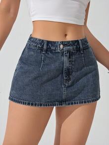 SHEIN ICON Rok Denim Pendek Kasual Warna Polos Wanita dengan Lubang Sabuk, Modis untuk Musim Panas - Biru - View 6