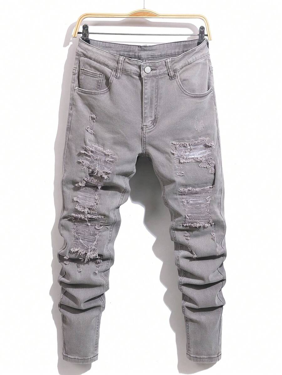 Manfinity Roughcore Men's Solid Color Belted Ripped Fashionable Versatile Casual Jeans - Dark Grey - View 1
