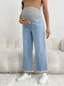 SHEIN Maternity Casual Loose Blue 3/4 Jeans With Gray Waistband Patchwork - Light Wash - View 7