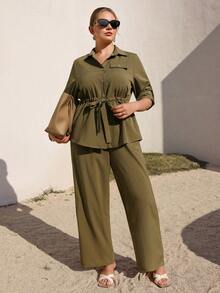 Juhart Conjunto informal de 2 piezas de talla grande, unicolor, con botones delanteros y manga raglán cómoda - Verde militar - Ver 4