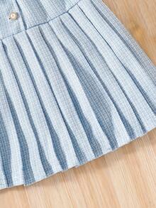 Vestido de niña preadolescente con textura de tela plisada, manga abullonada y botones delanteros a rayas - Azul - Ver 6
