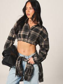 MISSGUIDED 短款格纹衬衫，松紧腰带，长袖格纹上衣，适合秋冬休闲叠穿 - 彩色 - 查看 6