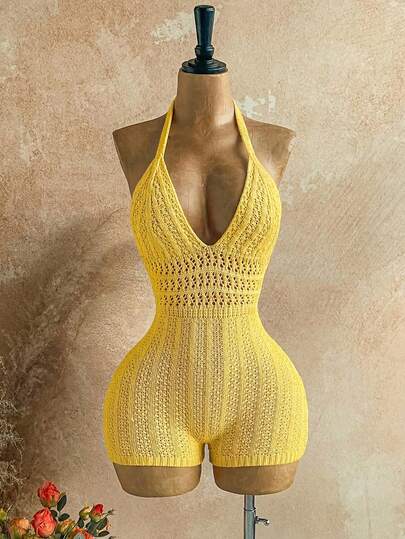 Soleia Women's Autumn Vacation Ombre Knit Deep V Neck Backless Romper, Sexy & Fashionable Fitted, Suitable For Party, Date, Afternoon Tea, Boho Vacation, Beach