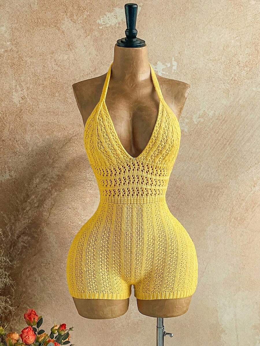Soleia Bộ jumpsuit dệt kim ombre cổ chữ V sâu hở lưng dành cho nữ mùa thu, gợi cảm và thời trang, phù hợp cho tiệc tùng, hẹn hò, trà chiều, kỳ nghỉ phong cách boho, đi biển. - Màu vàng - Xem 1
