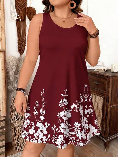 EMERY ROSE 大码酒红色印花舒适休闲连衣裙