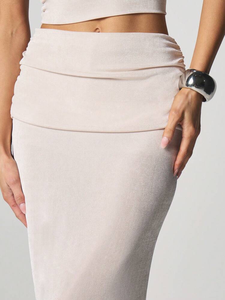 MISSGUIDED Saia Longa Lápis Coluna com Cintura Franzida e Fenda Lateral, Cintura Alta, Comprimento até o Chão, para Festa à Noite e Ocasiões Especiais