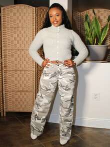 Steph T Low Waist Camouflage Water Washed Straight Leg Jeans - Multicolor - View 3