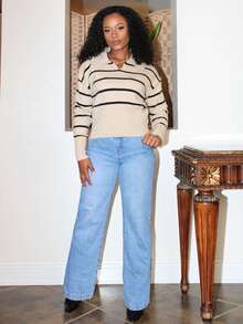 Steph T Women's Casual Drop Shoulder Striped Pullover Sweater, Autumn/Winter - Apricot - View 3