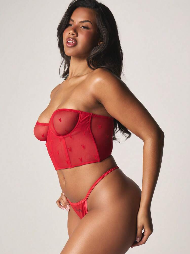 Missguided x Playboy Strapless Mesh Corset With Bunny Print And Structured Underwire Cups For Night Intimate Wear