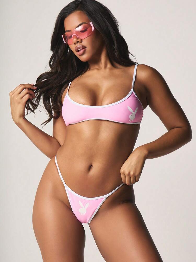 Missguided x Playboy Two Piece Triangle Bikini Set With Contrast Binding Detail And Spaghetti Straps For Summer Beach Vacation