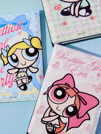 FanGlow THE POWERPUFF GIRLS X SHEIN 1개 블러썸, 버블, 버터컵 패턴 휴대용 접이식 거울 사랑스러운 체크무늬 컴팩트 메이크업 거울 수정용