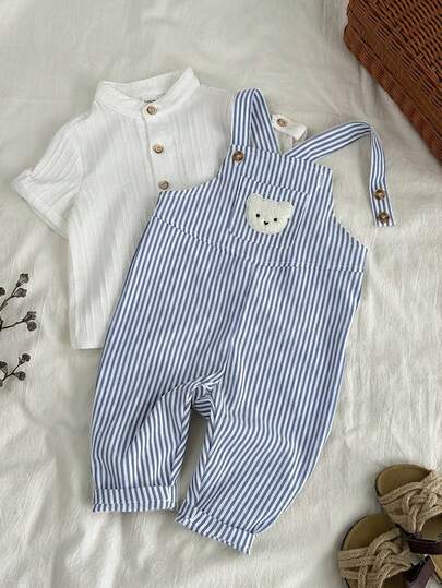 SHEIN Baby Boy/Girl Baby Fall/Winter Outfit Set: Overalls, Jumpsuits, Cute Bear Embroidered Black & White Striped Bib Pants Jumpsuit, Comfortable Versatile Fashionable Casual Basic Style, Suitable For Indoor, Outdoor Skiing, Daily Wear, Sports, Play, Party, Festival, Halloween, Christmas, New Year