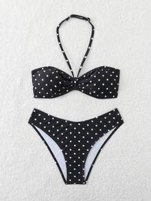 SHEIN Tween Girls' Polka Dot Print Camisole Bikini Set, Summer Beach Vacation - Black and White - View 6