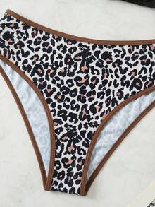 SHEIN Teen Girl Leopard Print Contrast Trim Spaghetti Strap Crop Top And Leopard Print Bikini Bottom Swimwear Set, Summer Holiday - Brown - View 6