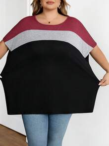 SHEIN CURVE+ Plus Colorblock Batwing Sleeve Tee, Summer 8xl Women Clothes Plus Size T-Shirts - Multicolor - View 10