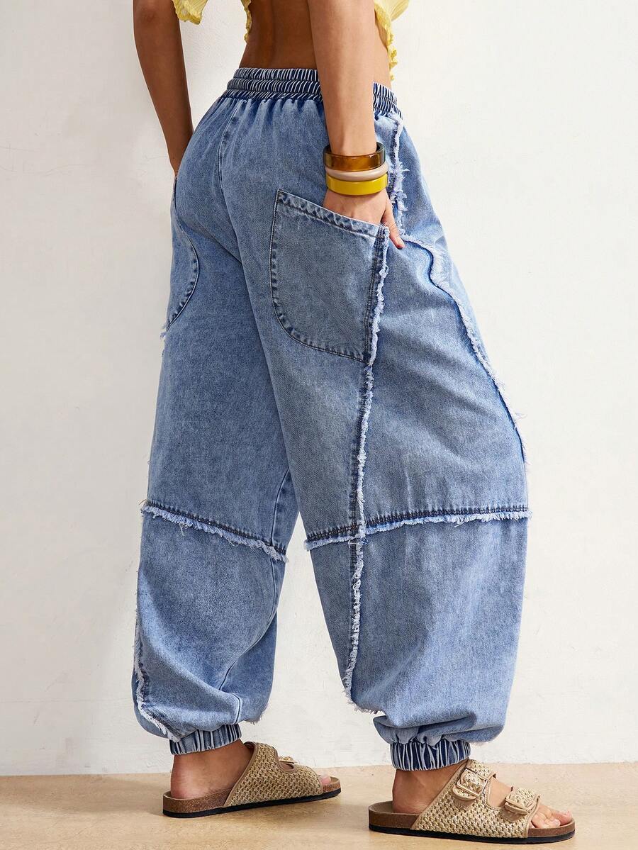 SHEIN BohoFeels Women's Casual Everyday Commute Fashion Street Chic Drawstring Waist Frayed Hem Loose Tapered Leg Jeans Women Baggy Jeans Wide Leg Pants Women Denim Women's Jeans Women's Summer Pants Women Casual Outfits Mothers Day Outfit - Light Wash - View 1