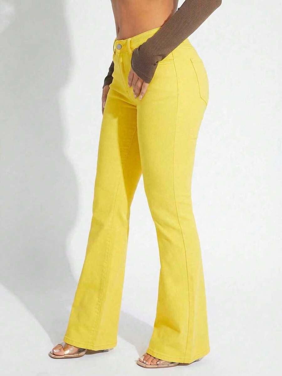 SHEIN SXY 女士休闲百搭通勤喇叭牛仔裤，带口袋 - 黃色 - 查看 1