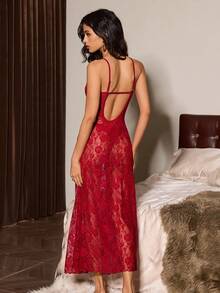Slumberist Women's Mature Sexy Lingerie Set, Super Long Mesh Robe And Lace Backless Slip Dress 2 Pieces Set Sexy 2piece Nightgown Lingerie Set With Robe Red Night Gown Long Lingerie Dress Spaghetti Strap Lace Night Gown - Burgundy - View 5